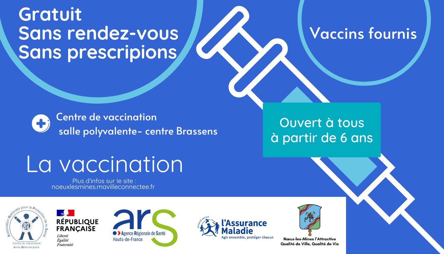 affiche du centre éphémère de vaccination gratuit sans rendez vous au centre Brassens